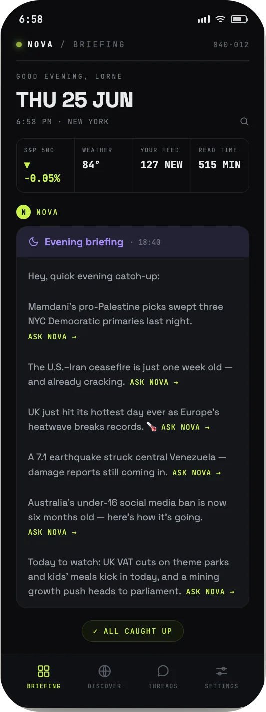 NovaBrief Evening Roundup — a conversational evening catch-up with Ask Nova links on every story