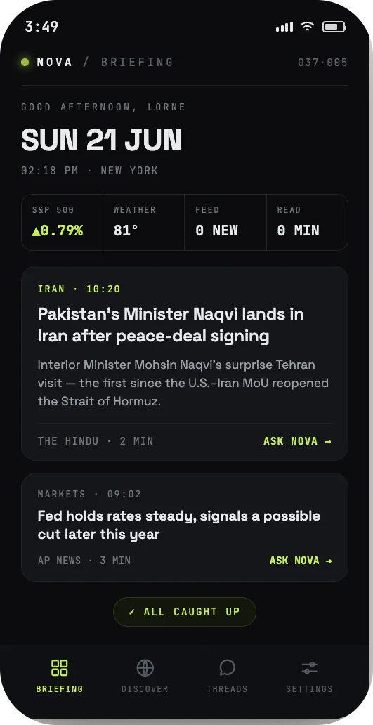 NovaBrief morning Briefing feed with Pulse strip showing markets, weather and read-time